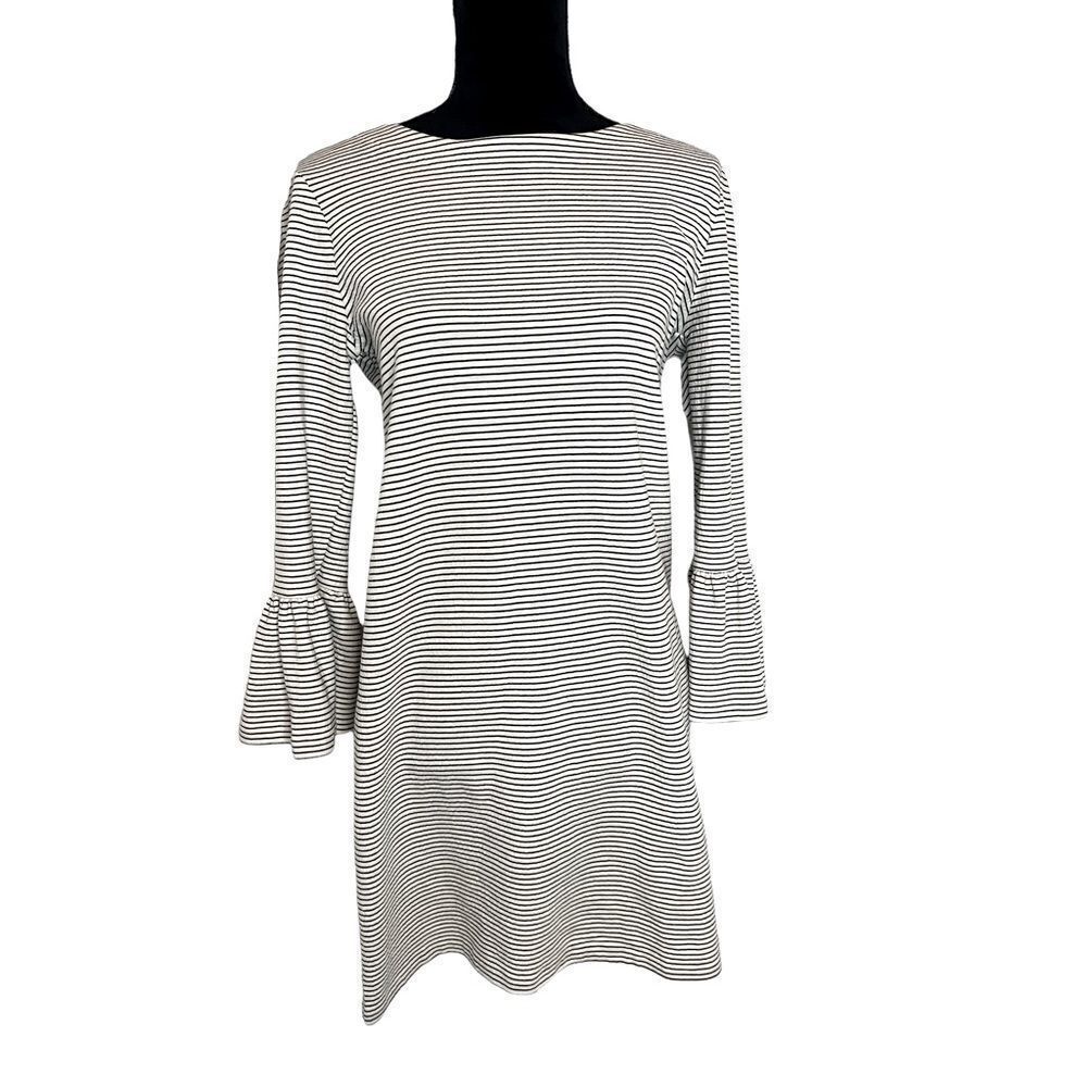 J.CREW BLACK AND WHITE STRIPED BELL SLEEVE‎ COTTON DRESS WOMENS SIZE SMALL